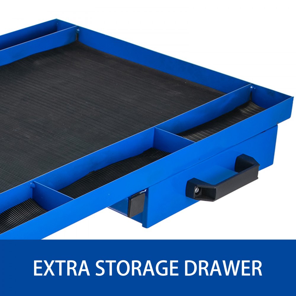 VEVOR Rolling Tool Table 220 LBS Capacity Tear Down Tray 29x20 Inch Mobile Work Table 4 Swivel Wheels Adjustable Height and Width with Drawer for Holding Automotive Tools in Blue