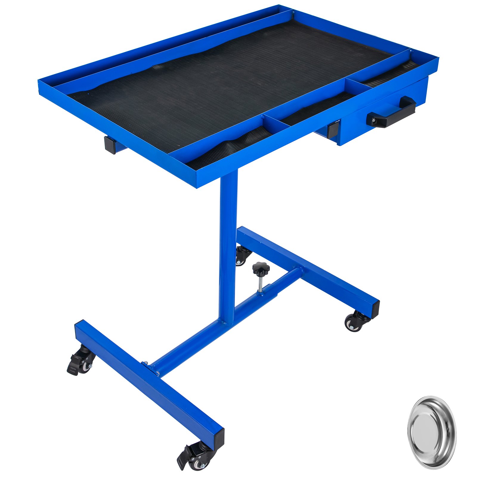 VEVOR Rolling Tool Table 220 LBS Capacity Tear Down Tray 29x20 Inch Mobile Work Table 4 Swivel Wheels Adjustable Height and Width with Drawer for Holding Automotive Tools in Blue