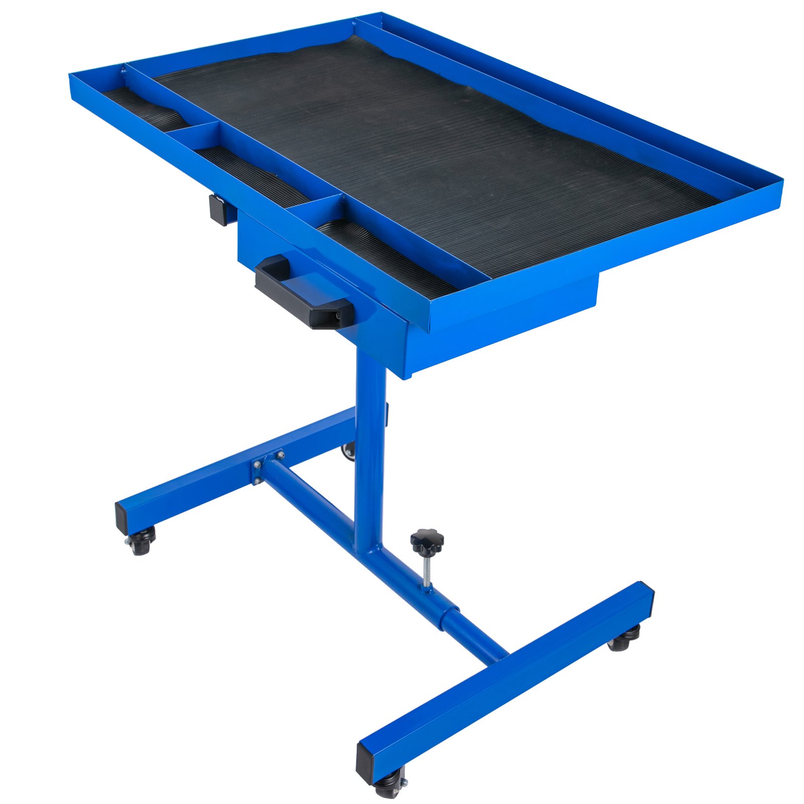 VEVOR Rolling Tool Table 220 LBS Capacity Tear Down Tray 29x20 Inch Mobile Work Table 4 Swivel Wheels Adjustable Height and Width with Drawer for Holding Automotive Tools in Blue