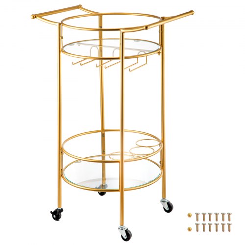 VEVOR Bar Cart, Two Tier Serving Cart, Gold Finish Wine Cart, Rolling Bar Cart, Antique Small Bar Cart, Gold Bar Cart with Wheels and Glass Holder for Kitchen, Club, Living Room, Bar (Round)