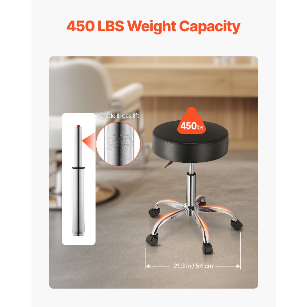 VEVOR Round Rolling Stool, Leather Rolling Stool with Wheels, 360° Swivel Drafting Stool with Thickened Cushion, Height Adjustable Rolling Work SPA Tattoo Stool, for Office, Home, Salon & Bar, Black