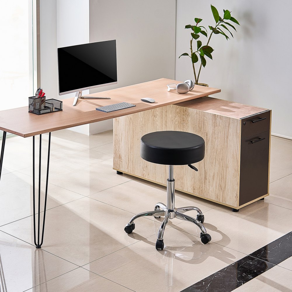 VEVOR Round Rolling Stool, Leather Rolling Stool with Wheels, 360° Swivel Drafting Stool with Thickened Cushion, Height Adjustable Rolling Work SPA Tattoo Stool, for Office, Home, Salon & Bar, Black