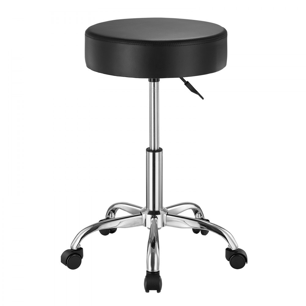 VEVOR Round Rolling Stool, Leather Rolling Stool with Wheels, 360° Swivel Drafting Stool with Thickened Cushion, Height Adjustable Rolling Work SPA Tattoo Stool, for Office, Home, Salon & Bar, Black