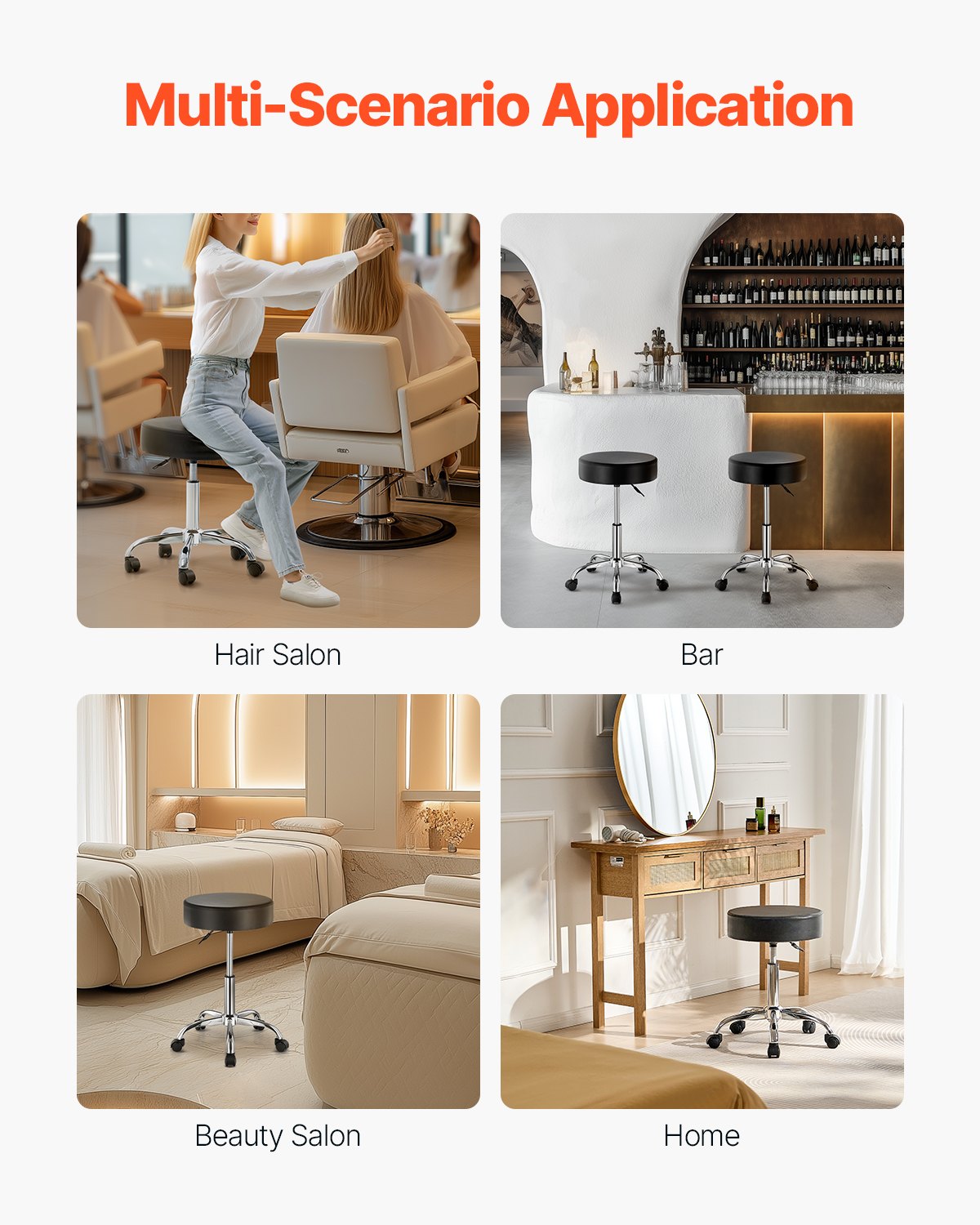 VEVOR Round Rolling Stool, Leather Rolling Stool with Wheels, 360° Swivel Drafting Stool with Thickened Cushion, Height Adjustable Rolling Work SPA Tattoo Stool, for Office, Home, Salon & Bar, Black