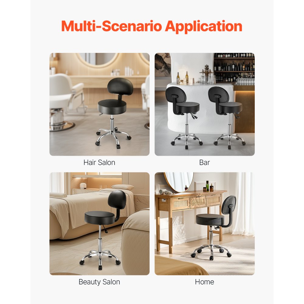 VEVOR Rolling Stool with Back Support and Wheels, 450 LBS Weight Capacity Round Rolling Stool Chair, Height Adjustable Thickened PU Leather Swivel Stool for Salon, Spa, Massage, Tattoo, Clinic, Black