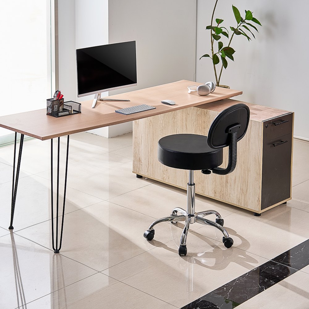 VEVOR Rolling Stool with Back Support and Wheels, 450 LBS Weight Capacity Round Rolling Stool Chair, Height Adjustable Thickened PU Leather Swivel Stool for Salon, Spa, Massage, Tattoo, Clinic, Black