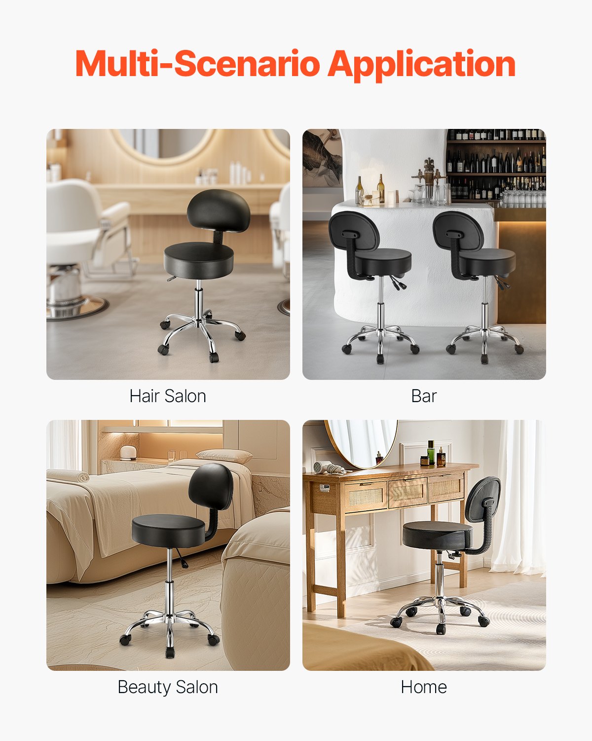 VEVOR Round Rolling Stool Swivel Stool with Backrest Height Adjustable Black