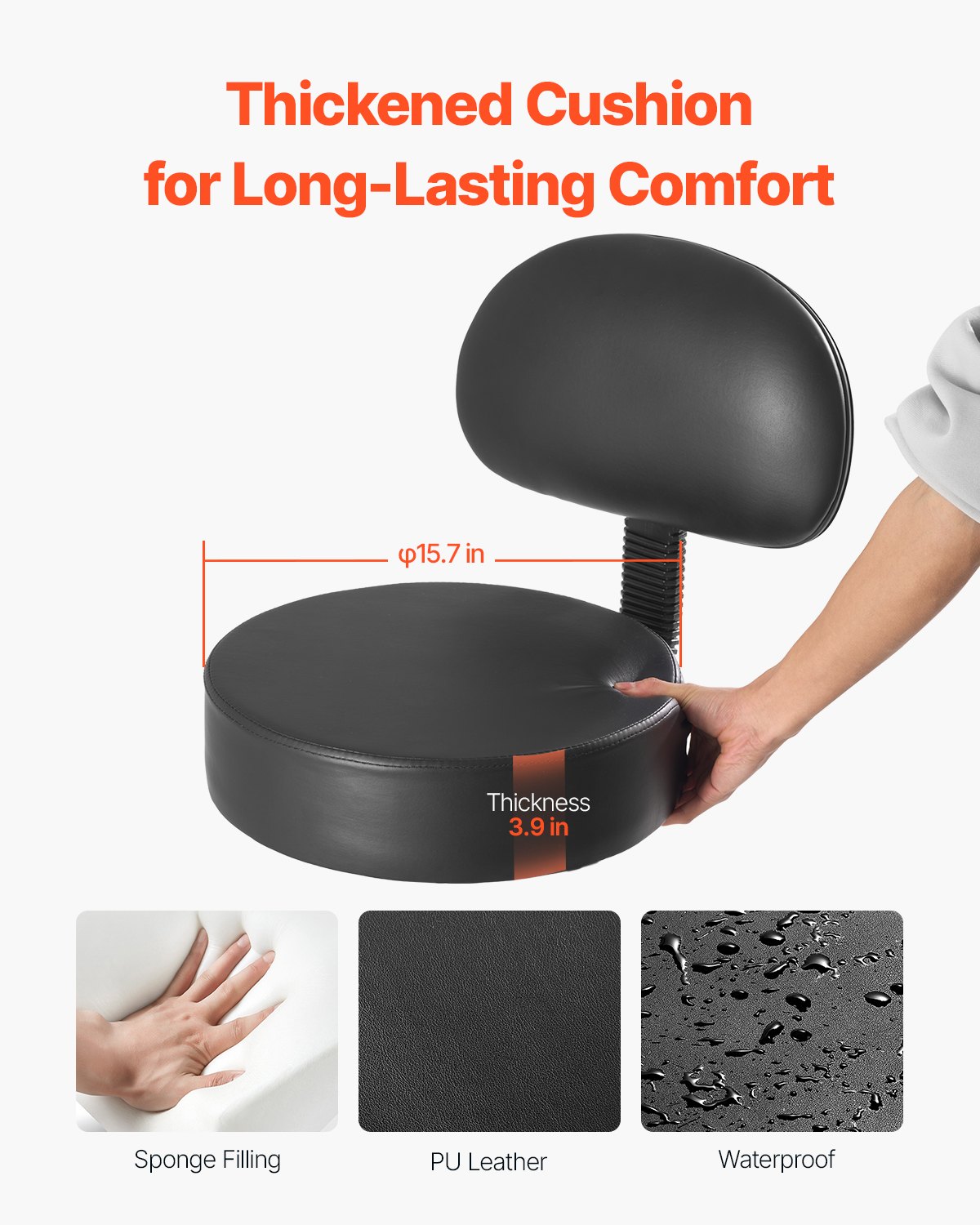 VEVOR Rolling Stool with Back Support and Wheels, 450 LBS Weight Capacity Round Rolling Stool Chair, Height Adjustable Thickened PU Leather Swivel Stool for Salon, Spa, Massage, Tattoo, Clinic, Black