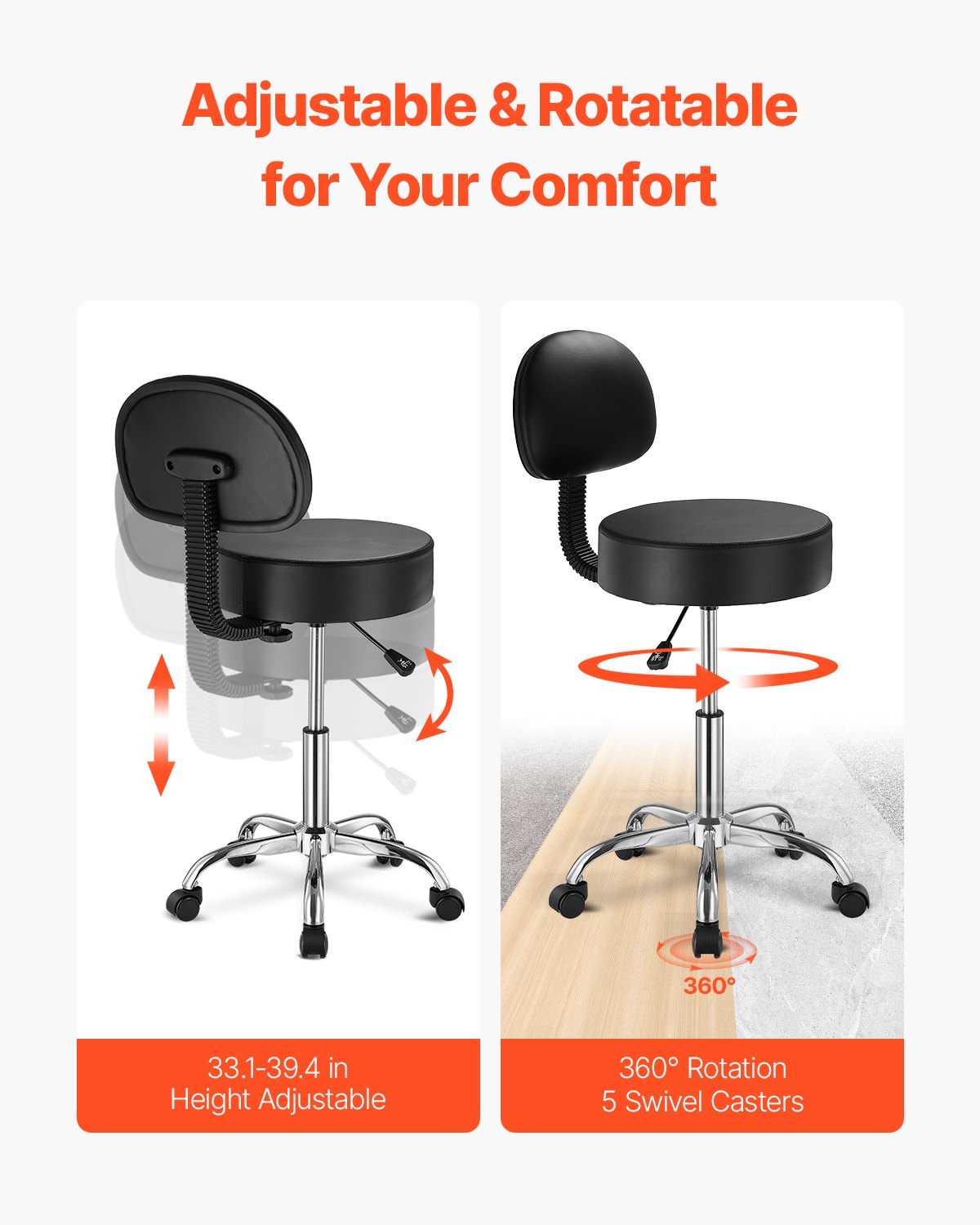 VEVOR Rolling Stool with Back Support and Wheels, 450 LBS Weight Capacity Round Rolling Stool Chair, Height Adjustable Thickened PU Leather Swivel Stool for Salon, Spa, Massage, Tattoo, Clinic, Black