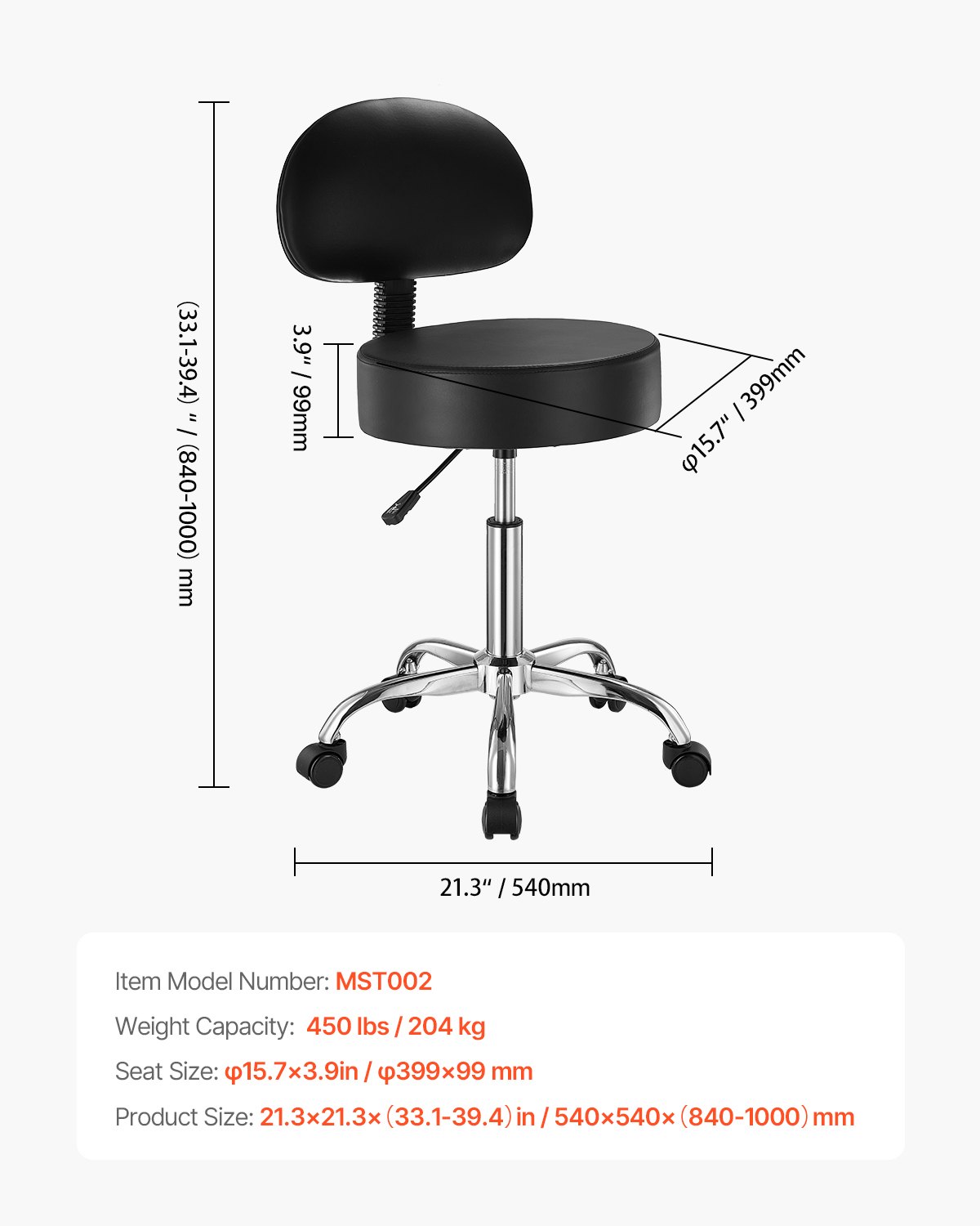 VEVOR Rolling Stool with Back Support and Wheels, 450 LBS Weight Capacity Round Rolling Stool Chair, Height Adjustable Thickened PU Leather Swivel Stool for Salon, Spa, Massage, Tattoo, Clinic, Black