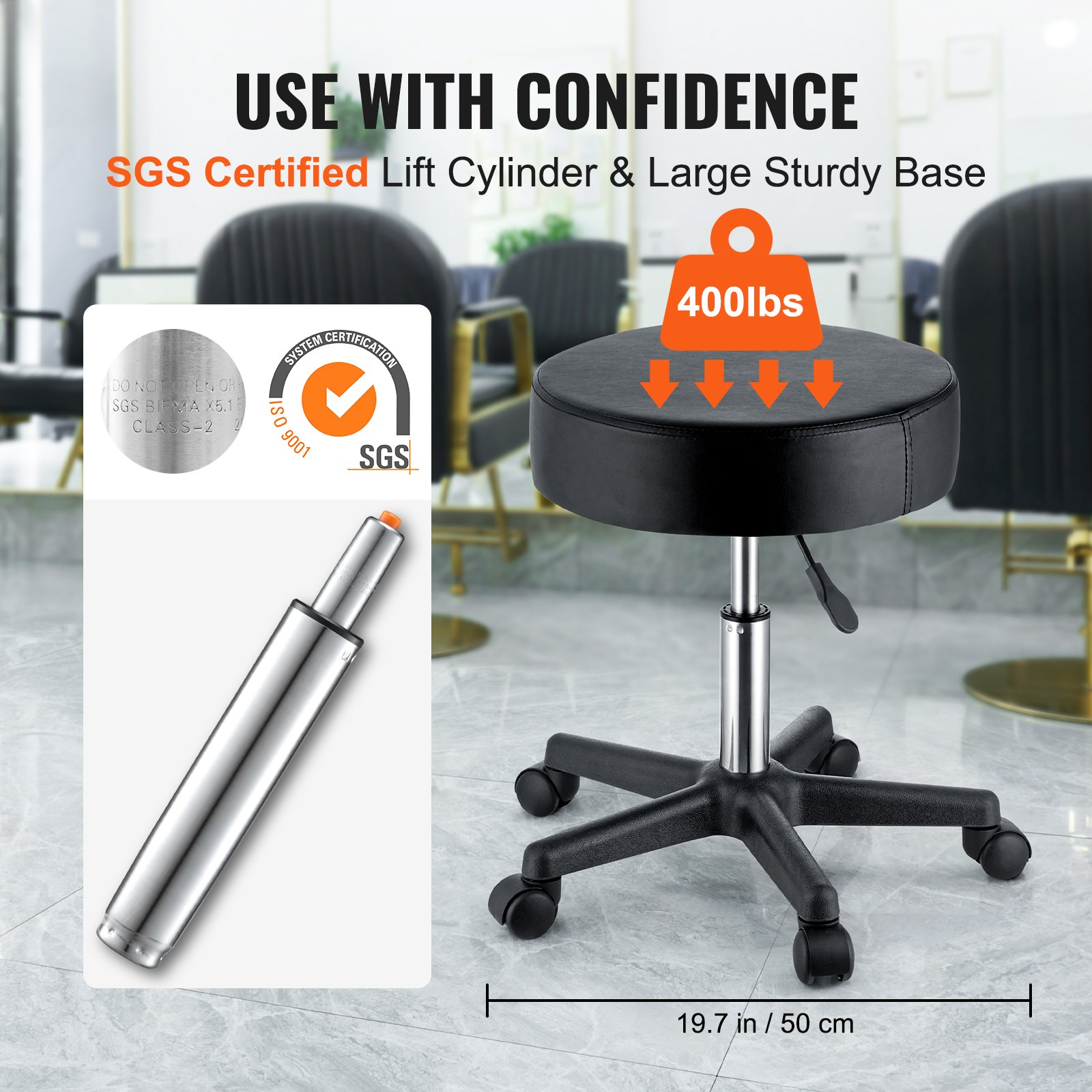 VEVOR rolling stools with sgs certified lift cylinder, sturdy base, and 400lbs weight capacity.