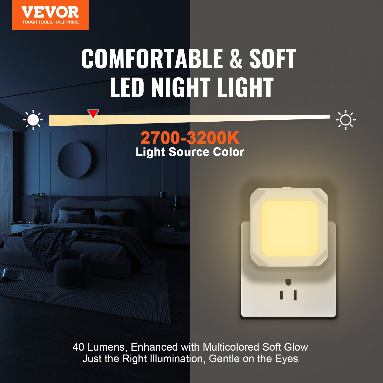 VEVOR LED Night Light, 2 Pack Plug in LED Night Light, 0.6 W 3000k Soft White Light, with Dusk-to-Dawn Light Sensor, for Bedroom, Bathroom, Hallway
