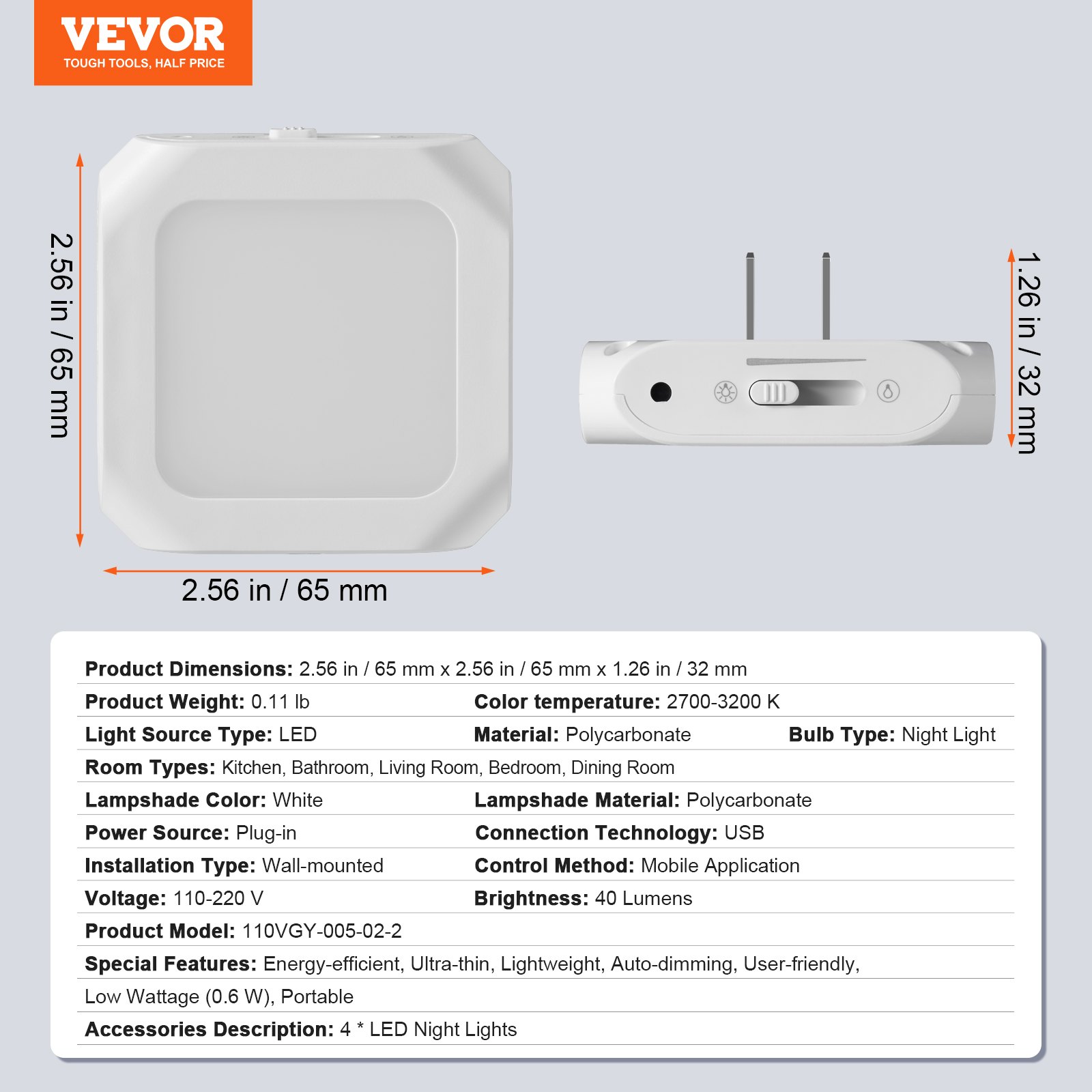 VEVOR LED Night Light, 2 Pack Plug in LED Night Light, 0.6 W 3000k Soft White Light, with Dusk-to-Dawn Light Sensor, for Bedroom, Bathroom, Hallway