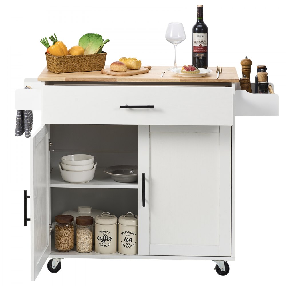 VEVOR Kitchen Island Cart with Solid Wood Top, 90 cm Width Mobile Carts with Storage Cabinet, Rolling Kitchen Table with Spice Rack, Towel Rack, Drop Leaf and Drawer, Portable Islands on Wheels, White