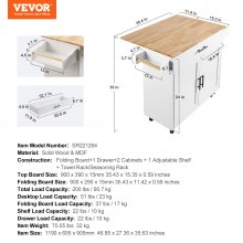 VEVOR Kitchen Island Cart with Solid Wood Top, 900mm Width Mobile Carts with Storage Cabinet, Rolling Kitchen Table with Spice Rack, Towel Rack, Drop Leaf and Drawer, Portable Islands on Wheels, White