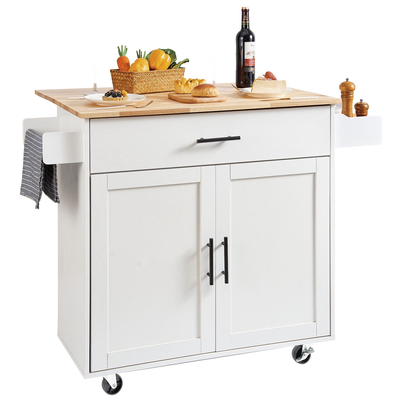 VEVOR Kitchen Island Cart with Solid Wood Top, 90 cm Width Mobile Carts with Storage Cabinet, Rolling Kitchen Table with Spice Rack, Towel Rack, Drop Leaf and Drawer, Portable Islands on Wheels, White