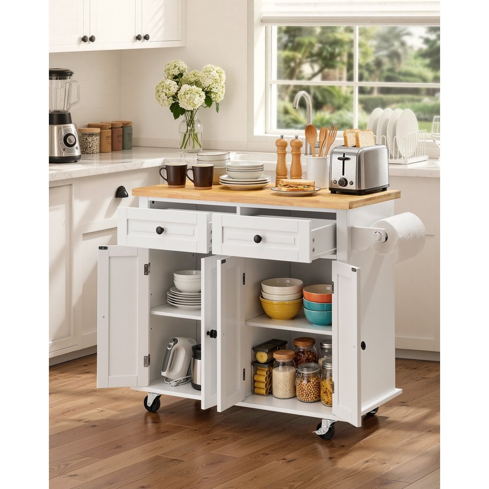 VEVOR Kitchen Island Cart with Solid Wood Top, 35.4" Width Mobile Carts with Storage Cabinet, Rolling Kitchen Table with Spice Rack, Towel Rack, and Drawer, Portable Islands on Wheels, White