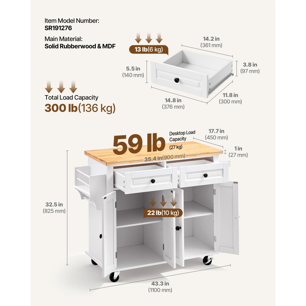 VEVOR Kitchen Island Cart with Solid Wood Top, 35.4" Width Mobile Carts with Storage Cabinet, Rolling Kitchen Table with Spice Rack, Towel Rack, and Drawer, Portable Islands on Wheels, White