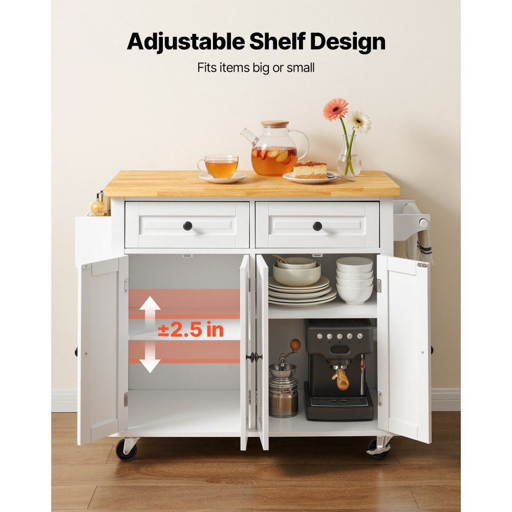 VEVOR Kitchen Island Cart with Solid Wood Top, 35.4" Width Mobile Carts with Storage Cabinet, Rolling Kitchen Table with Spice Rack, Towel Rack, and Drawer, Portable Islands on Wheels, White