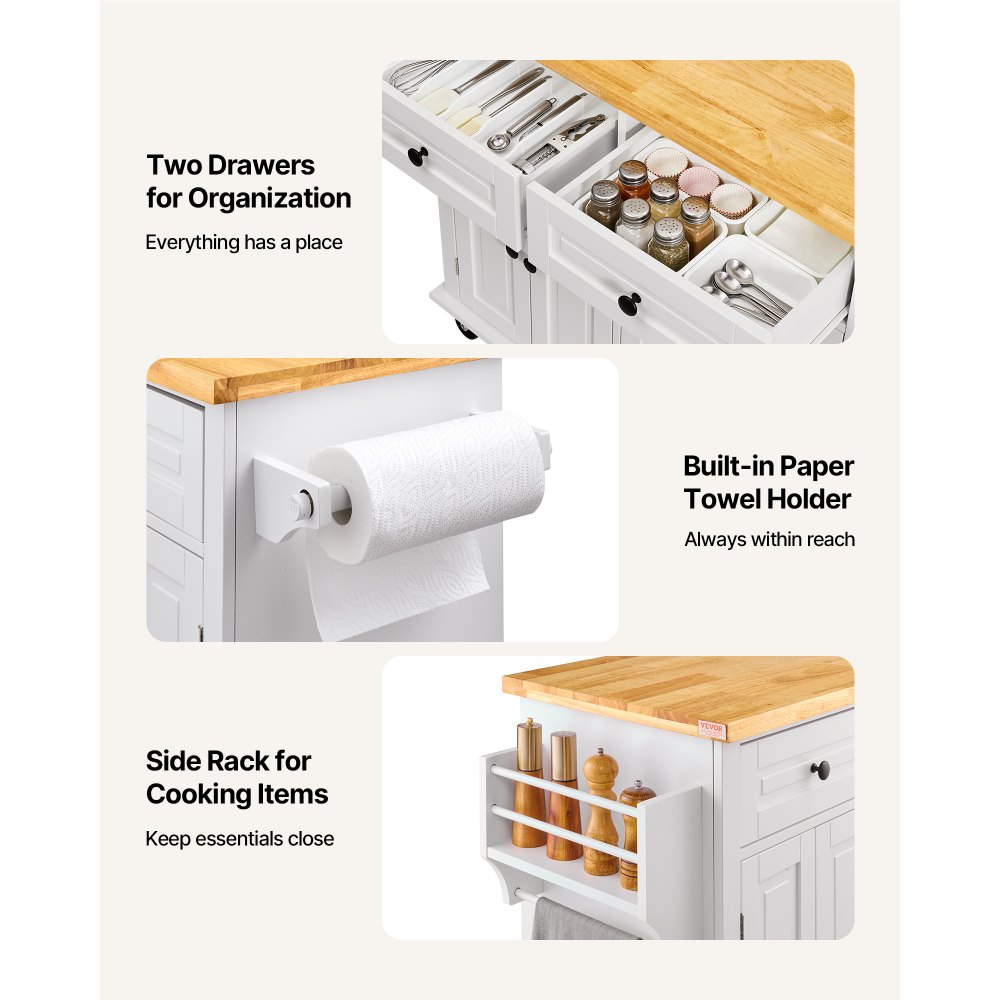 VEVOR Kitchen Island Cart with Solid Wood Top, 35.4" Width Mobile Carts with Storage Cabinet, Rolling Kitchen Table with Spice Rack, Towel Rack, and Drawer, Portable Islands on Wheels, White