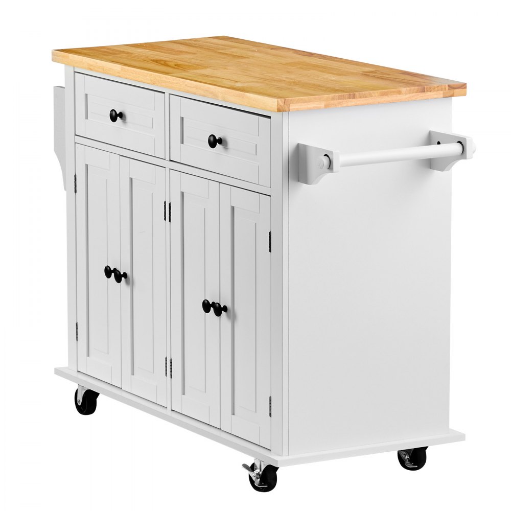 VEVOR Kitchen Island Cart with Solid Wood Top, 35.4" Width Mobile Carts with Storage Cabinet, Rolling Kitchen Table with Spice Rack, Towel Rack, and Drawer, Portable Islands on Wheels, White