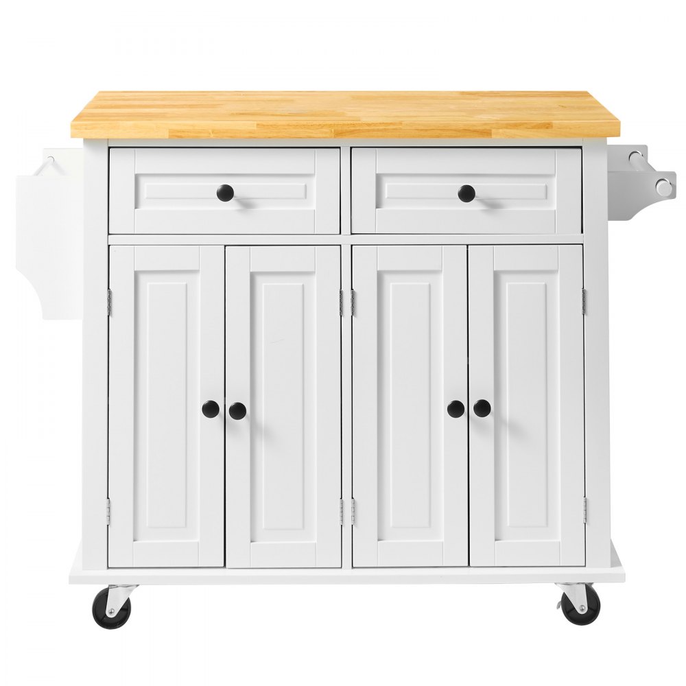 VEVOR Kitchen Island Cart with Solid Wood Top, 35.4" Width Mobile Carts with Storage Cabinet, Rolling Kitchen Table with Spice Rack, Towel Rack, and Drawer, Portable Islands on Wheels, White