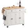 VEVOR Kitchen Island Cart with Solid Wood Top, 35.4" Width Mobile Carts with Storage Cabinet, Rolling Kitchen Table with Spice Rack, Towel Rack, and Drawer, Portable Islands on Wheels, White