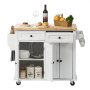 white VEVOR kitchen island cart with wooden countertop, storage cabinets, drawers, and kitchen essentials.
