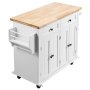 white VEVOR kitchen island cart with wooden top, side shelf, drawers, cabinets, and wheels.