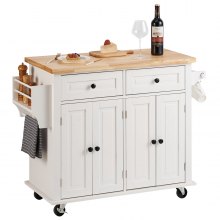 VEVOR Kitchen Island Cart με μασίφ ξύλινη μπλούζα, 35,4" πλάτους κινητά καρότσια με ντουλάπι αποθήκευσης, κυλιόμενο τραπέζι κουζίνας με σχάρα μπαχαρικών, σχάρα για πετσέτες και συρτάρι, φορητά νησιά σε ρόδες, λευκό