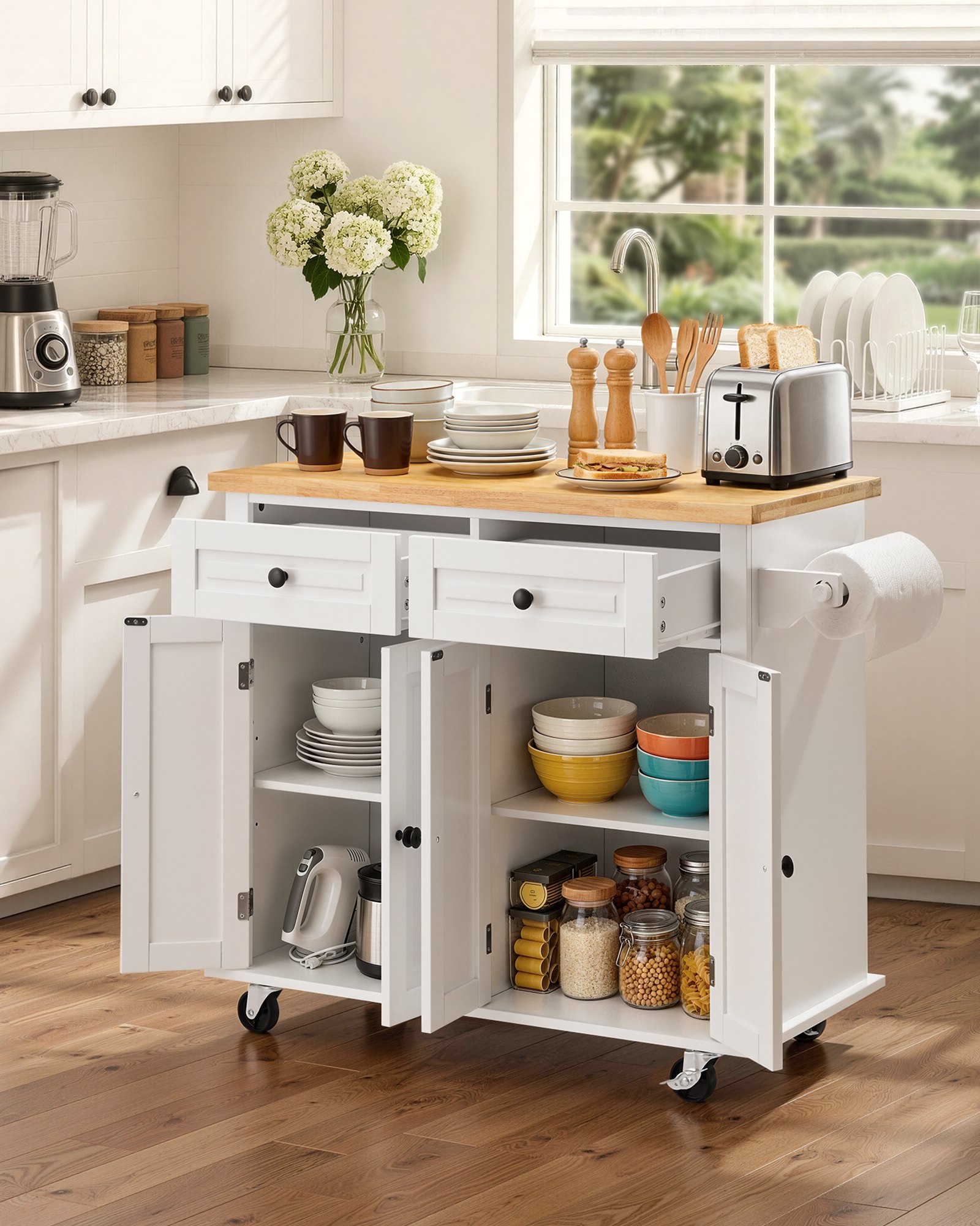 VEVOR Kitchen Island Cart with Solid Wood Top, 35.4" Width Mobile Carts with Storage Cabinet, Rolling Kitchen Table with Spice Rack, Towel Rack, and Drawer, Portable Islands on Wheels, White