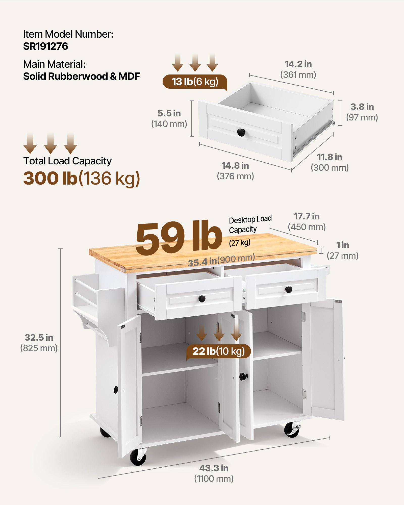 VEVOR Kitchen Island Cart with Solid Wood Top, 35.4" Width Mobile Carts with Storage Cabinet, Rolling Kitchen Table with Spice Rack, Towel Rack, and Drawer, Portable Islands on Wheels, White