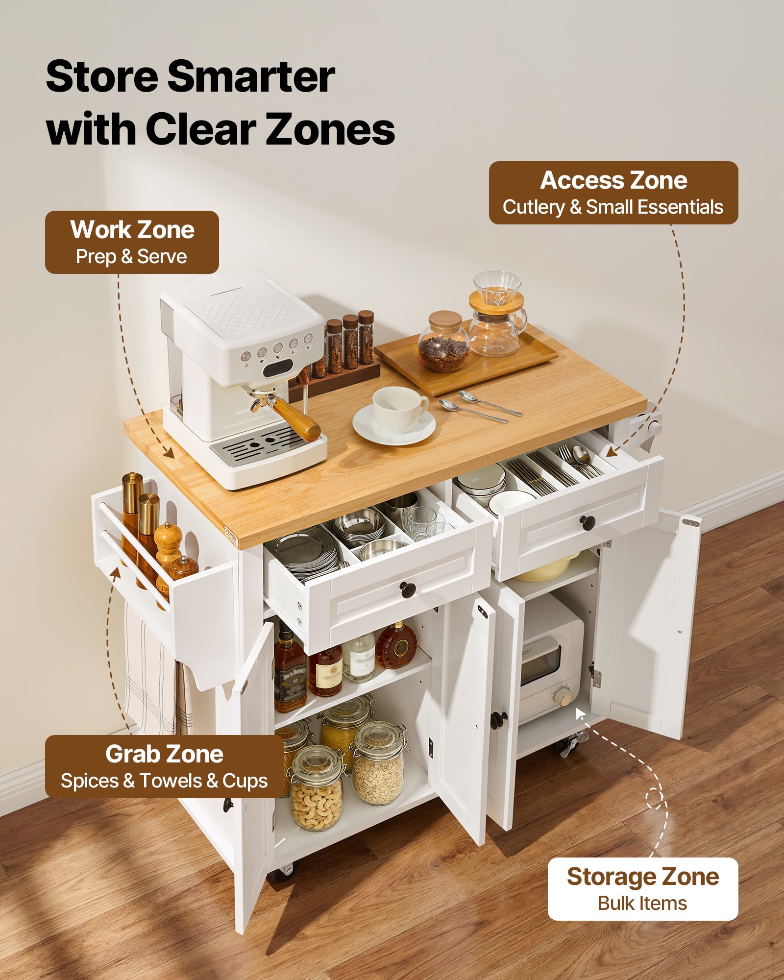 VEVOR Kitchen Island Cart with Solid Wood Top, 35.4" Width Mobile Carts with Storage Cabinet, Rolling Kitchen Table with Spice Rack, Towel Rack, and Drawer, Portable Islands on Wheels, White