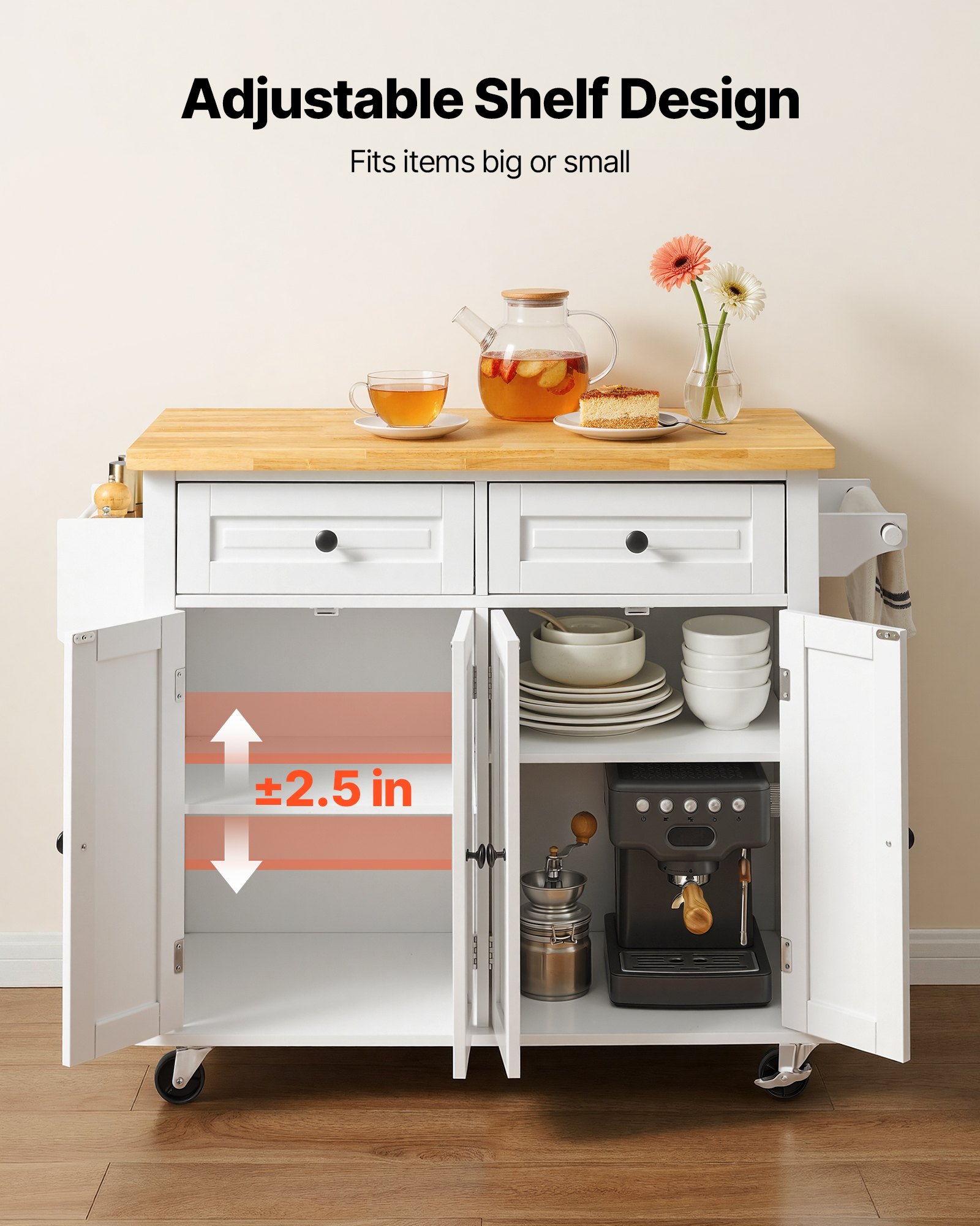 VEVOR Kitchen Island Cart with Solid Wood Top, 35.4" Width Mobile Carts with Storage Cabinet, Rolling Kitchen Table with Spice Rack, Towel Rack, and Drawer, Portable Islands on Wheels, White