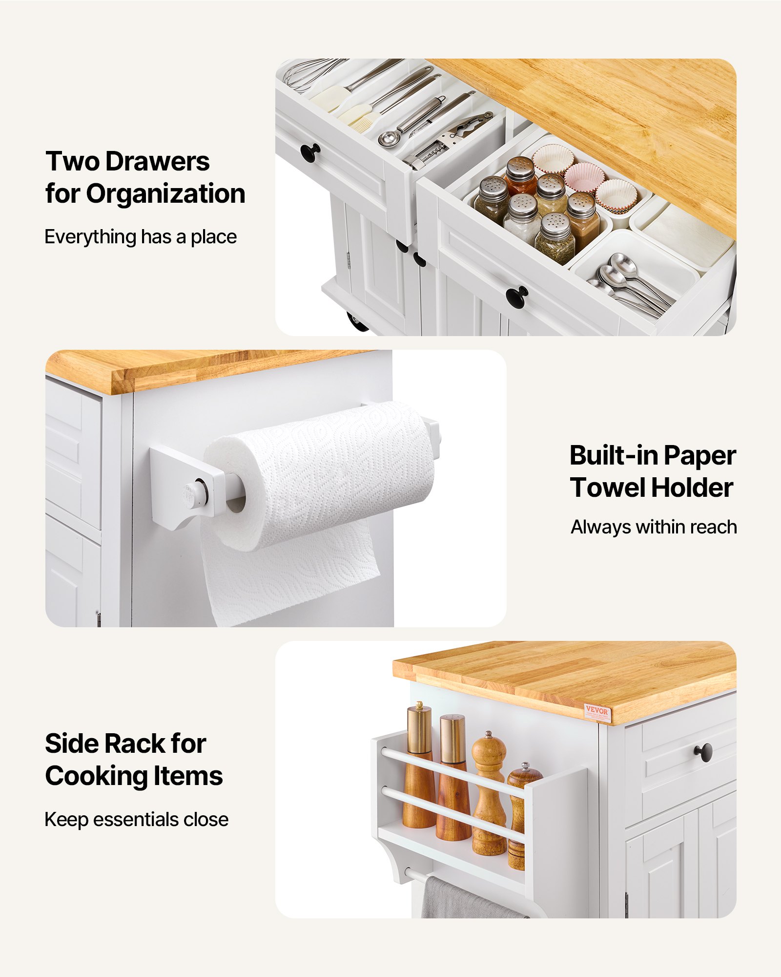 VEVOR Kitchen Island Cart with Solid Wood Top, 35.4" Width Mobile Carts with Storage Cabinet, Rolling Kitchen Table with Spice Rack, Towel Rack, and Drawer, Portable Islands on Wheels, White
