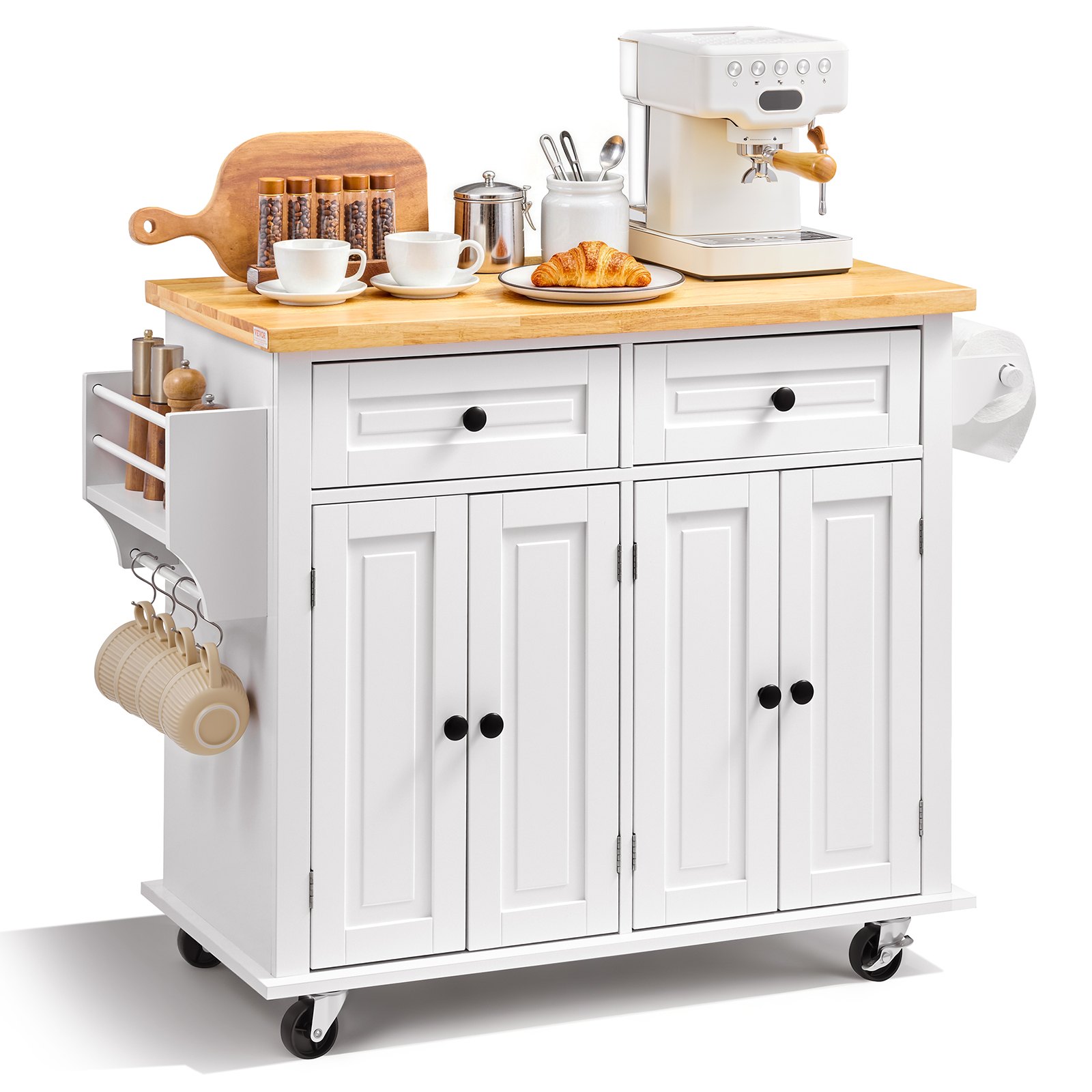 VEVOR Kitchen Island Cart with Solid Wood Top, 35.4" Width Mobile Carts with Storage Cabinet, Rolling Kitchen Table with Spice Rack, Towel Rack, and Drawer, Portable Islands on Wheels, White