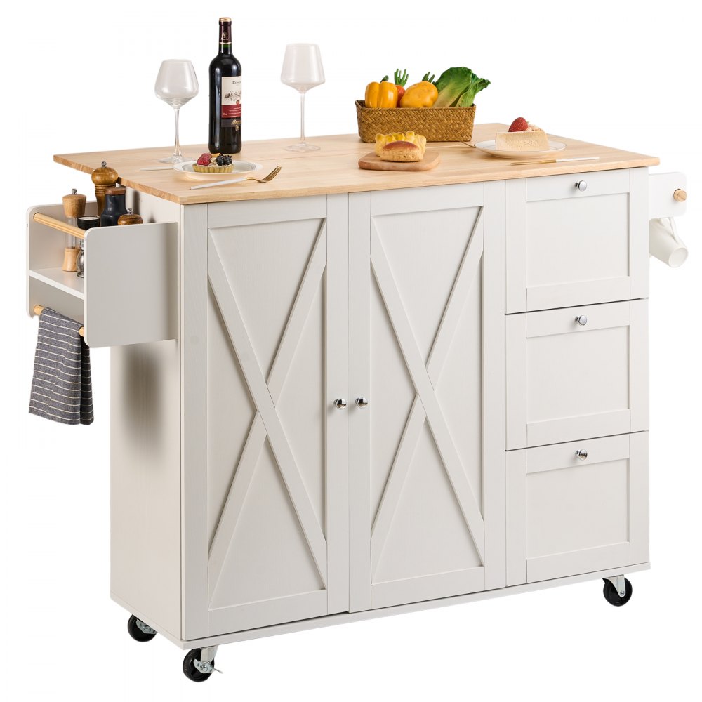VEVOR Kitchen Island Cart with Solid Wood Top, 45.3" Width Mobile Carts with Storage Cabinet, Rolling Kitchen Table with Spice Rack, Towel Rack, Drop Leaf and Drawer, Portable Islands on Wheels, White