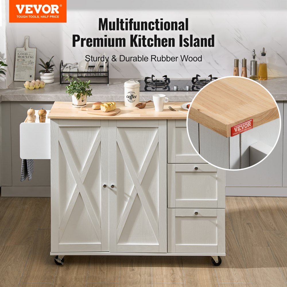 VEVOR Kitchen Island Cart with Solid Wood Top, 1150mm Width Mobile Carts with Storage Cabinet, Rolling Kitchen Table with Spice Rack, Towel Rack, Drop Leaf and Drawer, Portable Islands on Wheels White