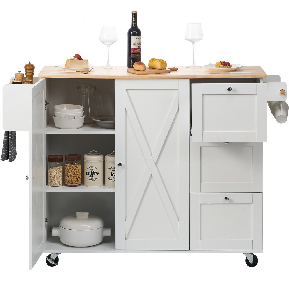VEVOR Kitchen Island Cart with Solid Wood Top, 1150mm Width Mobile Carts with Storage Cabinet, Rolling Kitchen Table with Spice Rack, Towel Rack, Drop Leaf and Drawer, Portable Islands on Wheels White