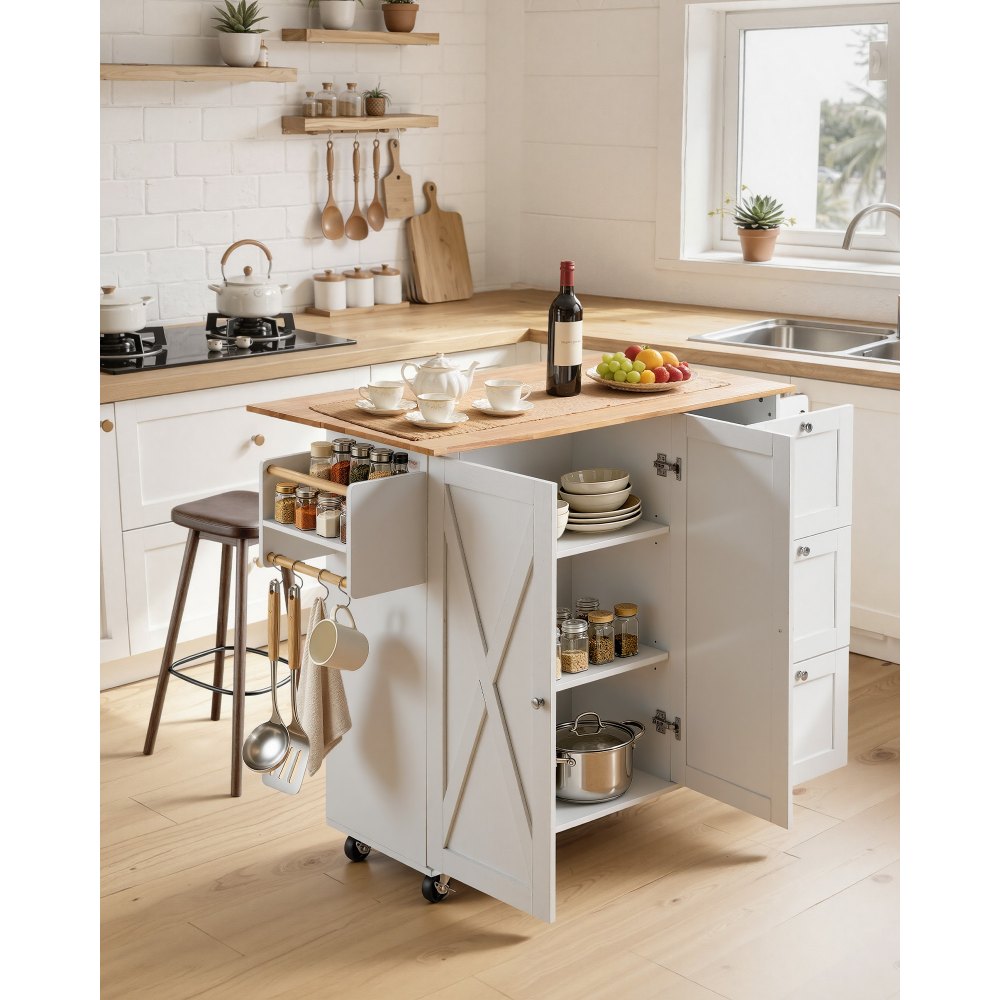 VEVOR Kitchen Island Cart with Solid Wood Top, 115 cm Width Mobile Carts with Storage Cabinet, Rolling Kitchen Table with Spice Rack, Towel Rack, Drop Leaf and Drawer, Portable Islands on Wheels, White