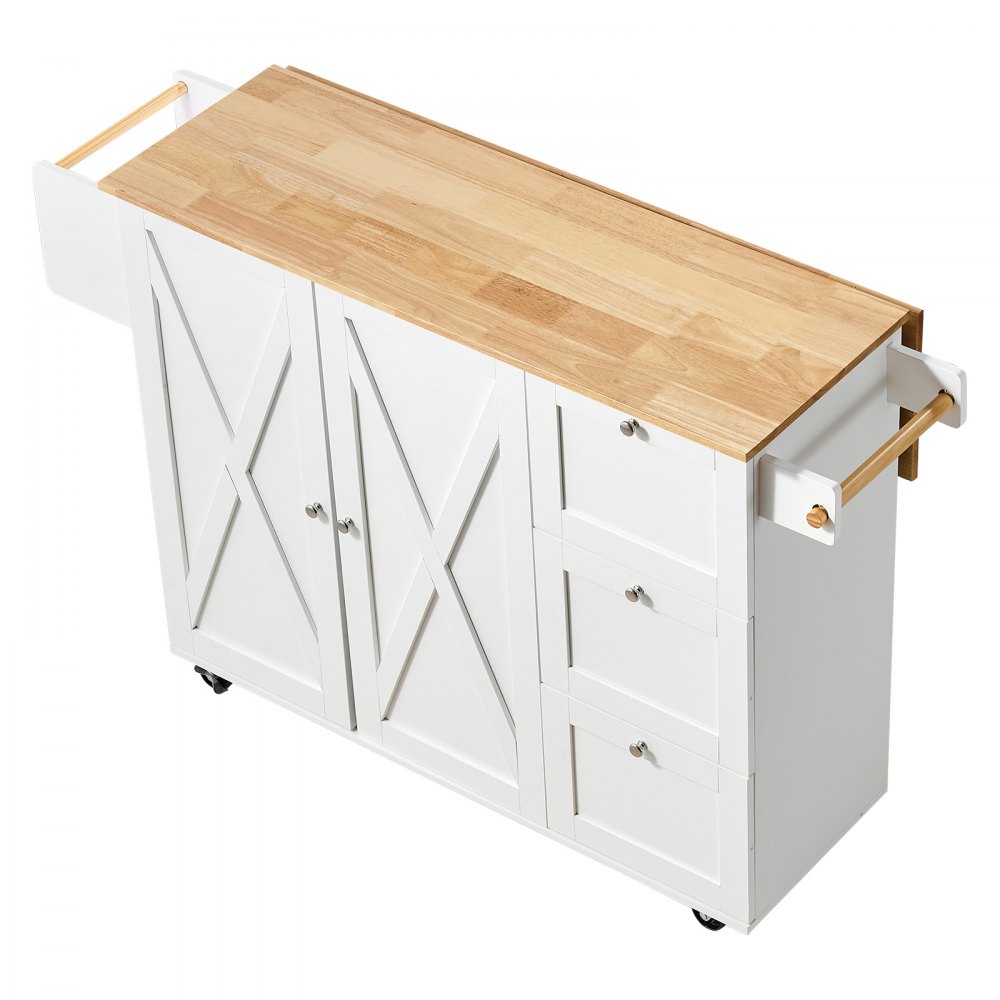 VEVOR Kitchen Island Cart with Solid Wood Top, 115 cm Width Mobile Carts with Storage Cabinet, Rolling Kitchen Table with Spice Rack, Towel Rack, Drop Leaf and Drawer, Portable Islands on Wheels, White