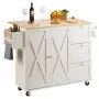 VEVOR Kitchen Island Cart with Solid Wood Top, 115 cm Width Mobile Carts with Storage Cabinet, Rolling Kitchen Table with Spice Rack, Towel Rack, Drop Leaf and Drawer, Portable Islands on Wheels, White