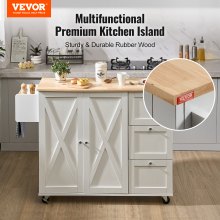VEVOR Kitchen Island Cart with Solid Wood Top, 1150mm Width Mobile Carts with Storage Cabinet, Rolling Kitchen Table with Spice Rack, Towel Rack, Drop Leaf and Drawer, Portable Islands on Wheels White