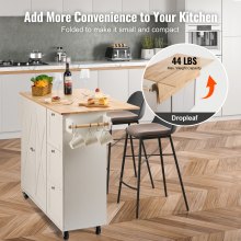 VEVOR Kitchen Island Cart with Solid Wood Top, 1150mm Width Mobile Carts with Storage Cabinet, Rolling Kitchen Table with Spice Rack, Towel Rack, Drop Leaf and Drawer, Portable Islands on Wheels White