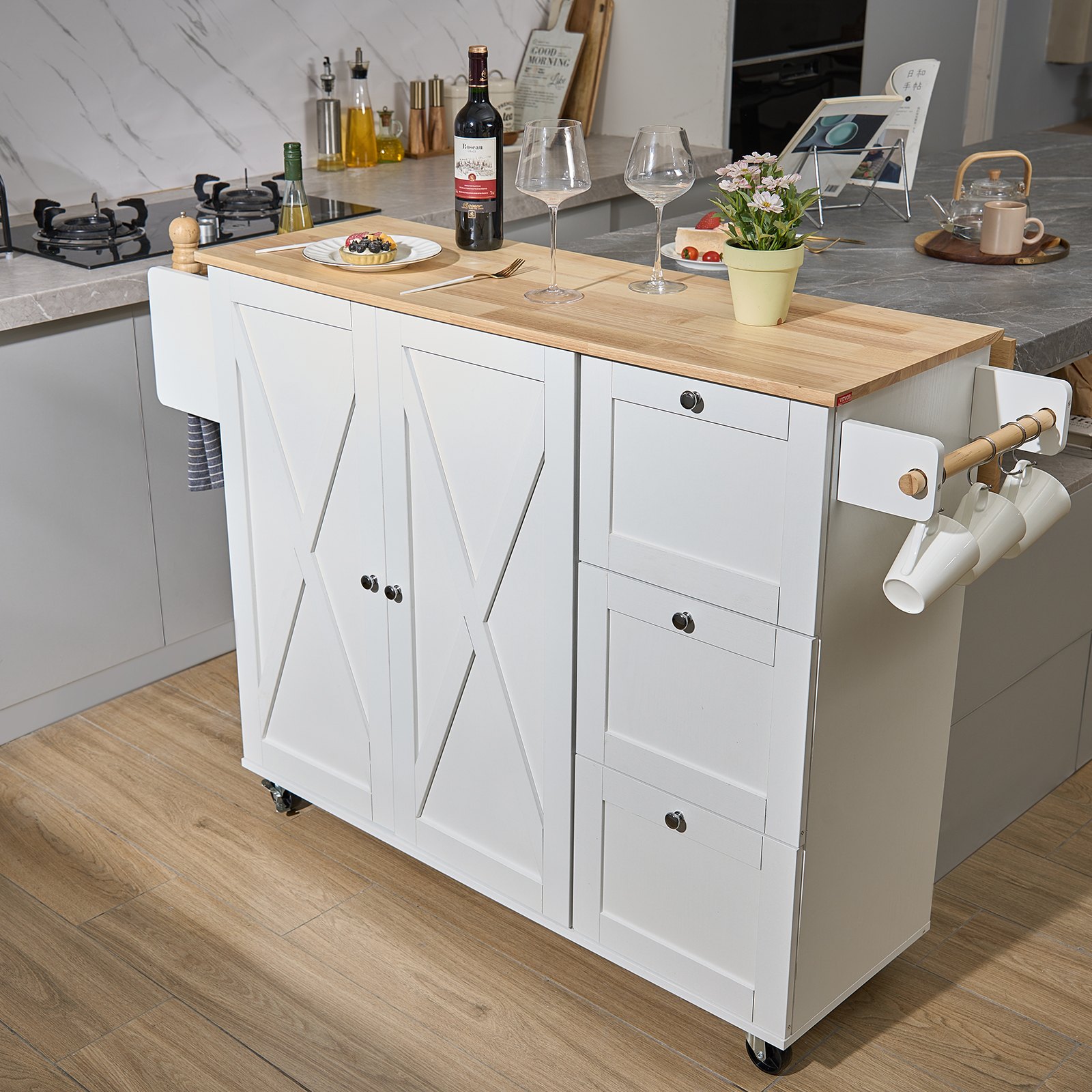 VEVOR Kitchen Island Cart with Solid Wood Top, 45.3" Width Mobile Carts with Storage Cabinet, Rolling Kitchen Table with Spice Rack, Towel Rack, Drop Leaf and Drawer, Portable Islands on Wheels, White