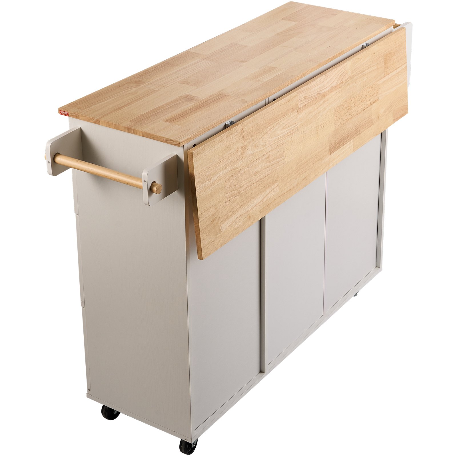 VEVOR Kitchen Island Cart with Solid Wood Top, 1150mm Width Mobile Carts with Storage Cabinet, Rolling Kitchen Table with Spice Rack, Towel Rack, Drop Leaf and Drawer, Portable Islands on Wheels White