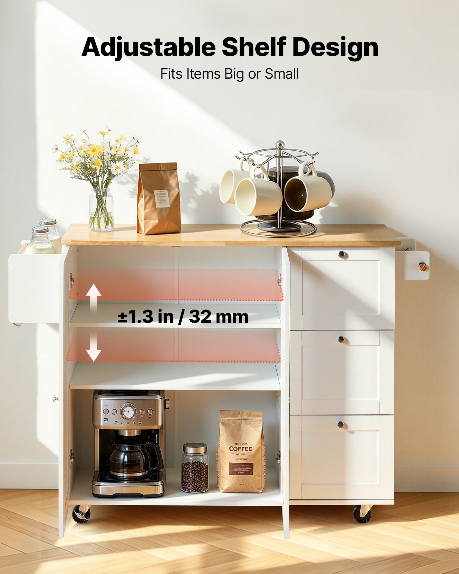 VEVOR Kitchen Island Cart with Solid Wood Top, 115 cm Width Mobile Carts with Storage Cabinet, Rolling Kitchen Table with Spice Rack, Towel Rack, Drop Leaf and Drawer, Portable Islands on Wheels, White