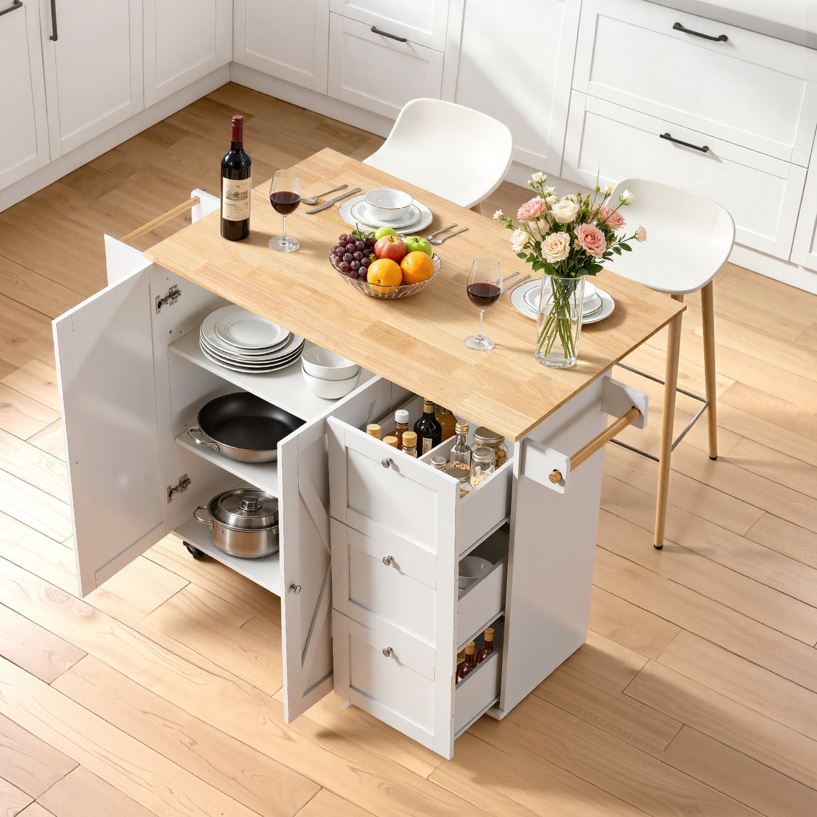 VEVOR Kitchen Island Cart with Solid Wood Top, 115 cm Width Mobile Carts with Storage Cabinet, Rolling Kitchen Table with Spice Rack, Towel Rack, Drop Leaf and Drawer, Portable Islands on Wheels, White