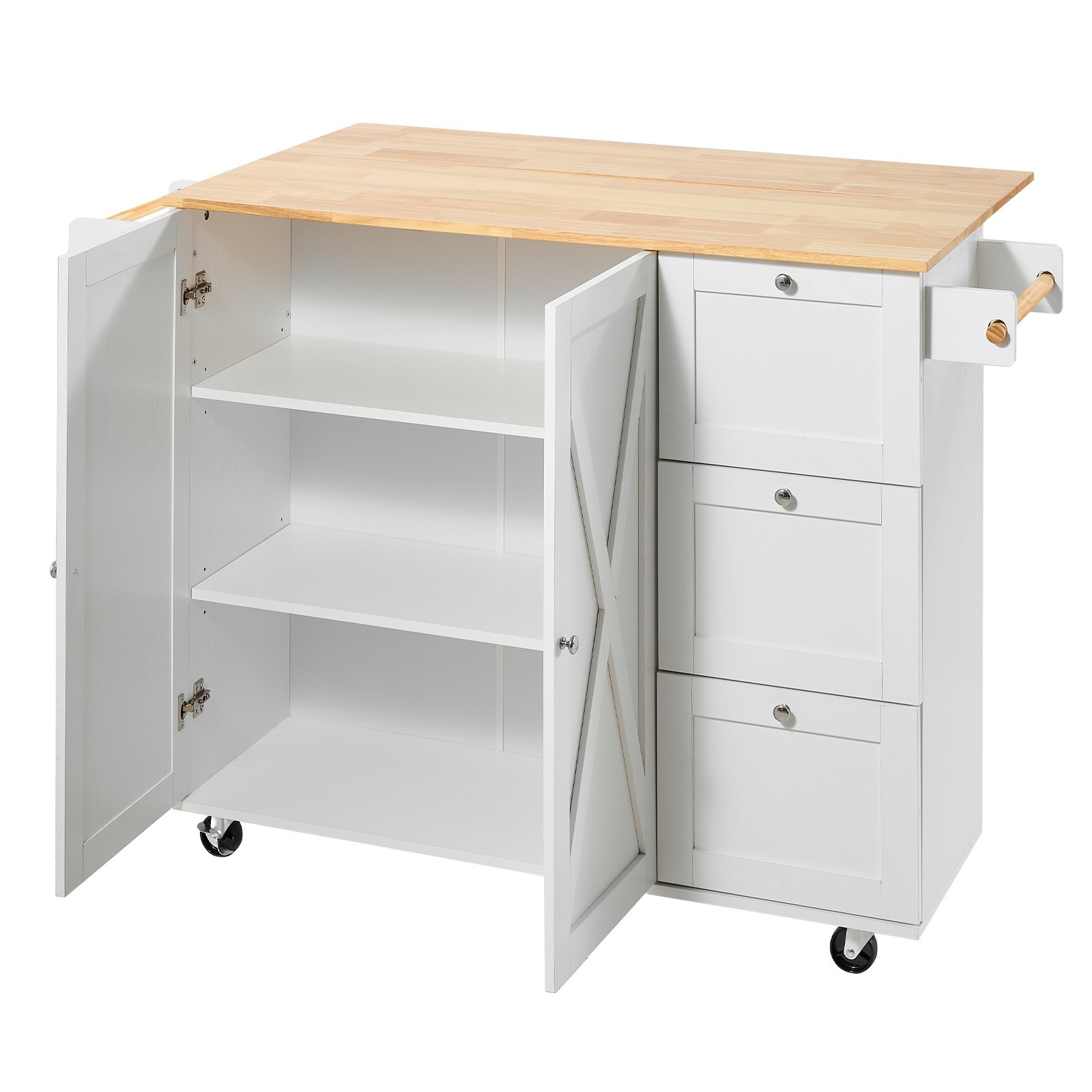 VEVOR Kitchen Island Cart with Solid Wood Top, 115 cm Width Mobile Carts with Storage Cabinet, Rolling Kitchen Table with Spice Rack, Towel Rack, Drop Leaf and Drawer, Portable Islands on Wheels, White
