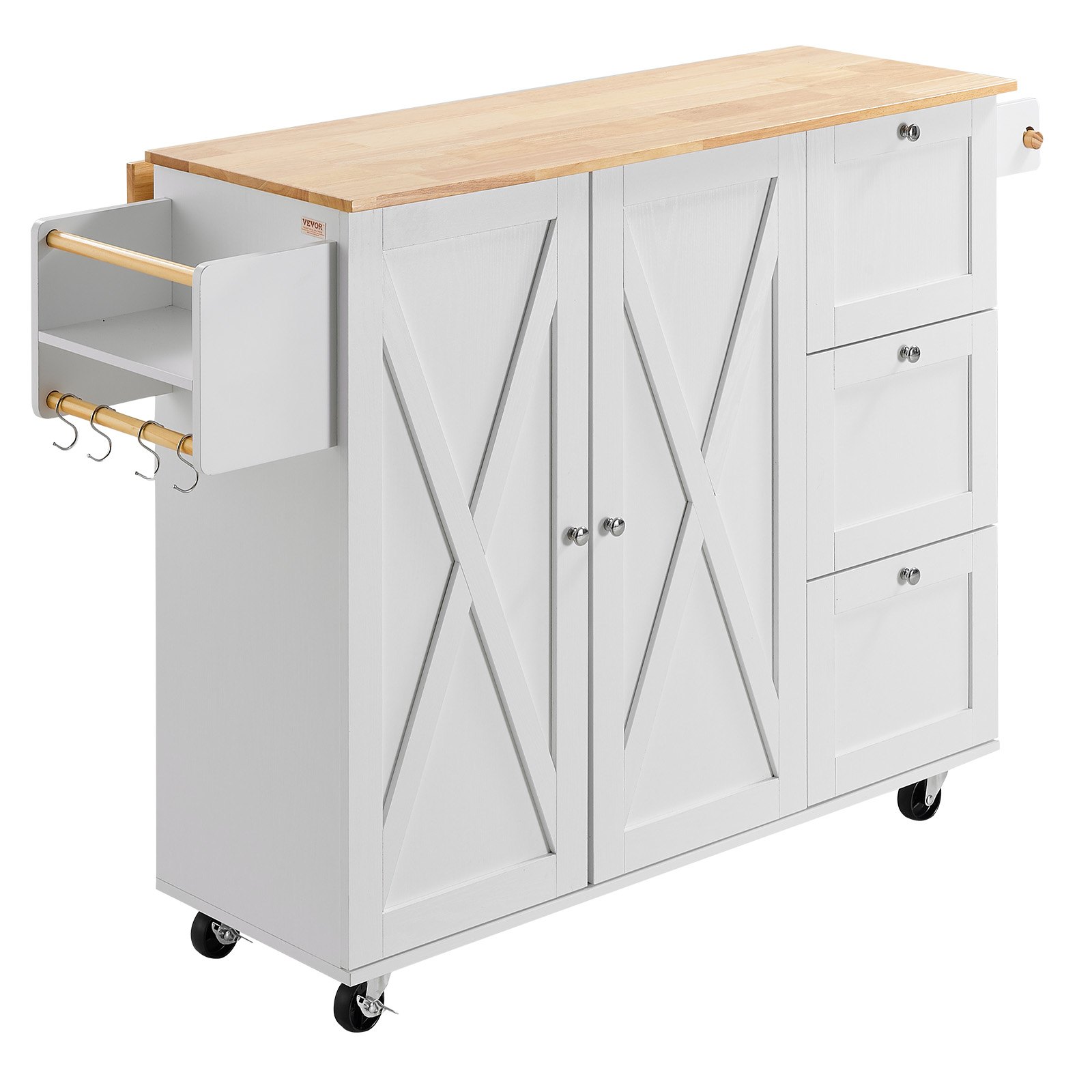 VEVOR Kitchen Island Cart with Solid Wood Top, 115 cm Width Mobile Carts with Storage Cabinet, Rolling Kitchen Table with Spice Rack, Towel Rack, Drop Leaf and Drawer, Portable Islands on Wheels, White